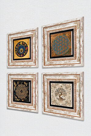 Yaşam Çiçeği, Sri Yantra, Nazar, Hayat Ağacı Taş Duvar Tablosu Çerçeveli Duvar Dekoru 4 Parça Tablo Seti Wall Art
