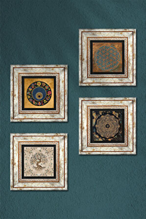 Yaşam Çiçeği, Sri Yantra, Nazar, Hayat Ağacı Taş Duvar Tablosu Çerçeveli Duvar Dekoru 4 Parça Tablo Seti Wall Art