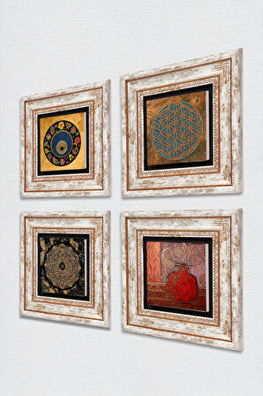 Yaşam Çiçeği, Sri Yantra, Nazar, Nar Taş Duvar Tablosu Çerçeveli Duvar Dekoru 4 Parça Tablo Seti Wall Art