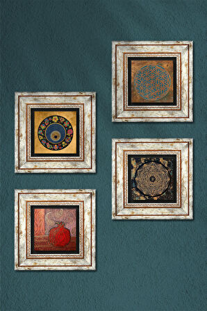 Yaşam Çiçeği, Sri Yantra, Nazar, Nar Taş Duvar Tablosu Çerçeveli Duvar Dekoru 4 Parça Tablo Seti Wall Art