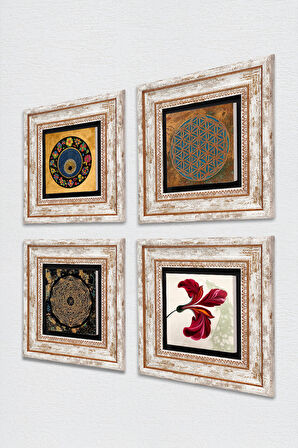 Yaşam Çiçeği, Sri Yantra, Nazar, Lale Taş Duvar Tablosu Çerçeveli Duvar Dekoru 4 Parça Tablo Seti Wall Art
