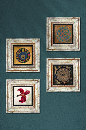 Yaşam Çiçeği, Sri Yantra, Nazar, Lale Taş Duvar Tablosu Çerçeveli Duvar Dekoru 4 Parça Tablo Seti Wall Art