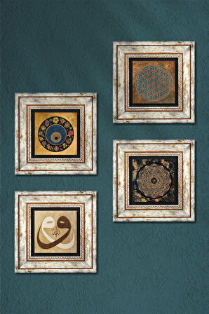 Yaşam Çiçeği, Sri Yantra, Vav, Nazar Taş Duvar Tablosu Çerçeveli Duvar Dekoru 4 Parça Tablo Seti Wall Art