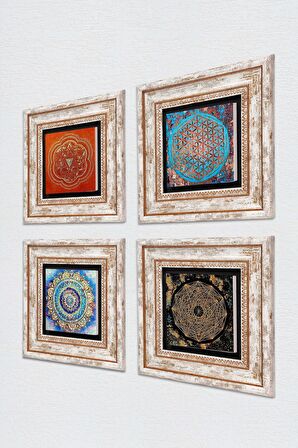 Mandala, Yaşam Çiçeği, Sri Yantra Taş Duvar Tablosu Çerçeveli Duvar Dekoru 4 Parça Tablo Seti Wall Art