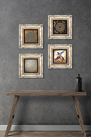 Yaşam Çiçeği, Sri Yantra, Semazen Taş Duvar Tablosu Çerçeveli Duvar Dekoru 4 Parça Tablo Seti Wall Art