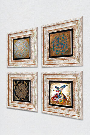 Yaşam Çiçeği, Sri Yantra, Semazen Taş Duvar Tablosu Çerçeveli Duvar Dekoru 4 Parça Tablo Seti Wall Art