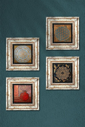 Yaşam Çiçeği, Sri Yantra, Nar Taş Duvar Tablosu Çerçeveli Duvar Dekoru 4 Parça Tablo Seti Wall Art