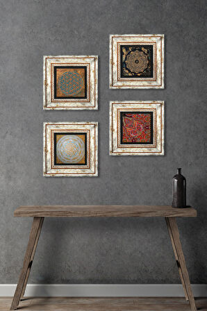 Yaşam Çiçeği, Sri Yantra, Desen Taş Duvar Tablosu Çerçeveli Duvar Dekoru 4 Parça Tablo Seti Wall Art
