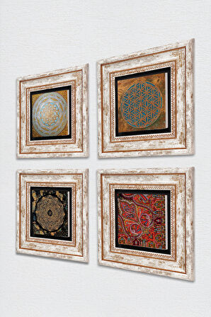 Yaşam Çiçeği, Sri Yantra, Desen Taş Duvar Tablosu Çerçeveli Duvar Dekoru 4 Parça Tablo Seti Wall Art