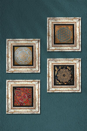 Yaşam Çiçeği, Sri Yantra, Desen Taş Duvar Tablosu Çerçeveli Duvar Dekoru 4 Parça Tablo Seti Wall Art