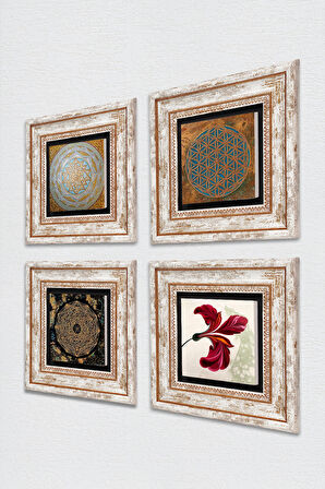 Yaşam Çiçeği, Sri Yantra, Lale Taş Duvar Tablosu Çerçeveli Duvar Dekoru 4 Parça Tablo Seti Wall Art