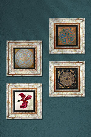 Yaşam Çiçeği, Sri Yantra, Lale Taş Duvar Tablosu Çerçeveli Duvar Dekoru 4 Parça Tablo Seti Wall Art