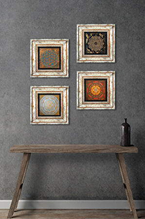 Yaşam Çiçeği, Sri Yantra Taş Duvar Tablosu Çerçeveli Duvar Dekoru 4 Parça Tablo Seti Wall Art