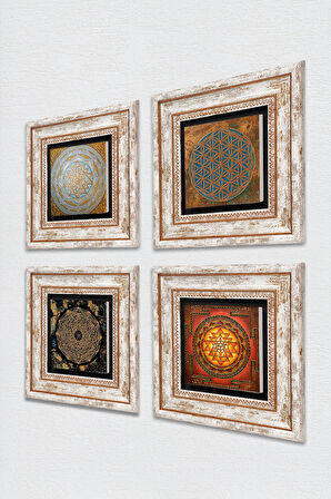 Yaşam Çiçeği, Sri Yantra Taş Duvar Tablosu Çerçeveli Duvar Dekoru 4 Parça Tablo Seti Wall Art