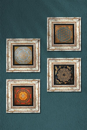 Yaşam Çiçeği, Sri Yantra Taş Duvar Tablosu Çerçeveli Duvar Dekoru 4 Parça Tablo Seti Wall Art