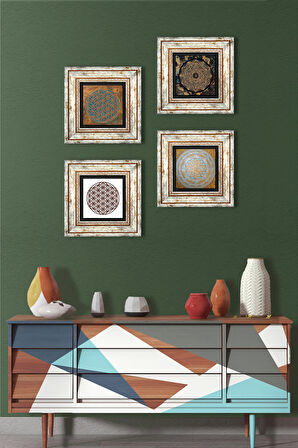 Yaşam Çiçeği, Sri Yantra Taş Duvar Tablosu Çerçeveli Duvar Dekoru 4 Parça Tablo Seti Wall Art