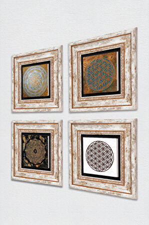 Yaşam Çiçeği, Sri Yantra Taş Duvar Tablosu Çerçeveli Duvar Dekoru 4 Parça Tablo Seti Wall Art