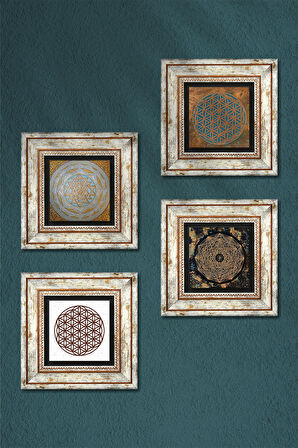 Yaşam Çiçeği, Sri Yantra Taş Duvar Tablosu Çerçeveli Duvar Dekoru 4 Parça Tablo Seti Wall Art