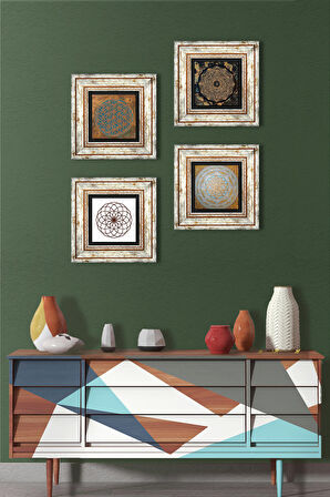 Yaşam Çiçeği, Sri Yantra Taş Duvar Tablosu Çerçeveli Duvar Dekoru 4 Parça Tablo Seti Wall Art