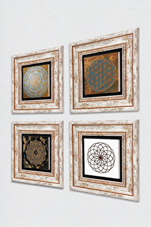 Yaşam Çiçeği, Sri Yantra Taş Duvar Tablosu Çerçeveli Duvar Dekoru 4 Parça Tablo Seti Wall Art