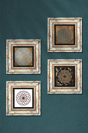 Yaşam Çiçeği, Sri Yantra Taş Duvar Tablosu Çerçeveli Duvar Dekoru 4 Parça Tablo Seti Wall Art