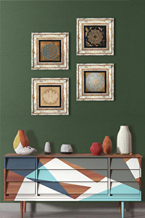 Yaşam Çiçeği, Lotus Çiçeği, Sri Yantra Taş Duvar Tablosu Çerçeveli Duvar Dekoru 4 Parça Tablo Seti Wall Art