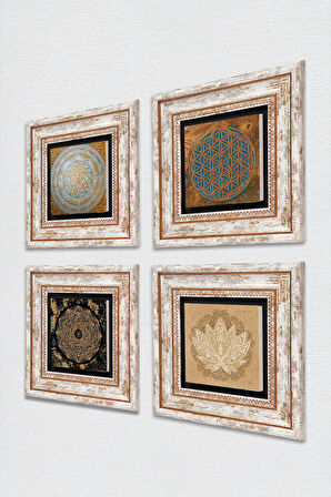 Yaşam Çiçeği, Lotus Çiçeği, Sri Yantra Taş Duvar Tablosu Çerçeveli Duvar Dekoru 4 Parça Tablo Seti Wall Art