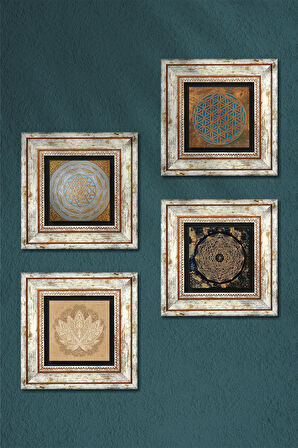 Yaşam Çiçeği, Lotus Çiçeği, Sri Yantra Taş Duvar Tablosu Çerçeveli Duvar Dekoru 4 Parça Tablo Seti Wall Art
