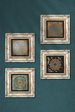 Yaşam Çiçeği, Sri Yantra Taş Duvar Tablosu Çerçeveli Duvar Dekoru 4 Parça Tablo Seti Wall Art