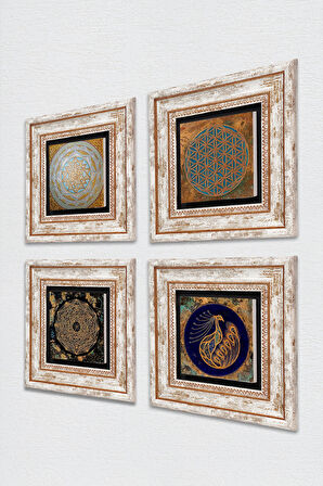 Yaşam Çiçeği, Tavus Kuşu, Sri Yantra Taş Duvar Tablosu Çerçeveli Duvar Dekoru 4 Parça Tablo Seti Wall Art