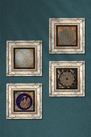 Yaşam Çiçeği, Tavus Kuşu, Sri Yantra Taş Duvar Tablosu Çerçeveli Duvar Dekoru 4 Parça Tablo Seti Wall Art