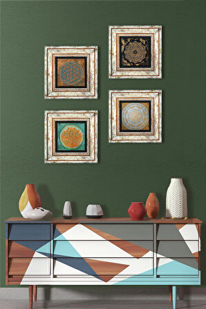 Yaşam Çiçeği, Lotus Çiçeği, Sri Yantra Taş Duvar Tablosu Çerçeveli Duvar Dekoru 4 Parça Tablo Seti Wall Art