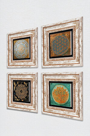 Yaşam Çiçeği, Lotus Çiçeği, Sri Yantra Taş Duvar Tablosu Çerçeveli Duvar Dekoru 4 Parça Tablo Seti Wall Art