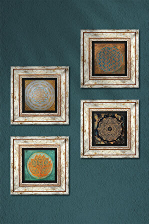 Yaşam Çiçeği, Lotus Çiçeği, Sri Yantra Taş Duvar Tablosu Çerçeveli Duvar Dekoru 4 Parça Tablo Seti Wall Art