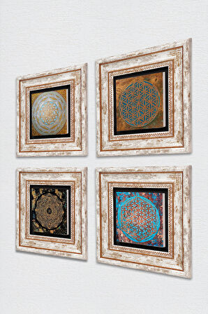 Yaşam Çiçeği, Sri Yantra Taş Duvar Tablosu Çerçeveli Duvar Dekoru 4 Parça Tablo Seti Wall Art