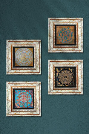 Yaşam Çiçeği, Sri Yantra Taş Duvar Tablosu Çerçeveli Duvar Dekoru 4 Parça Tablo Seti Wall Art