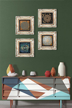 Yaşam Çiçeği, Nazar, Sri Yantra Taş Duvar Tablosu Çerçeveli Duvar Dekoru 4 Parça Tablo Seti Wall Art