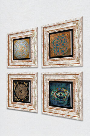 Yaşam Çiçeği, Nazar, Sri Yantra Taş Duvar Tablosu Çerçeveli Duvar Dekoru 4 Parça Tablo Seti Wall Art