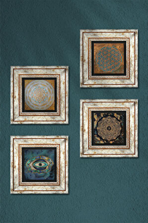 Yaşam Çiçeği, Nazar, Sri Yantra Taş Duvar Tablosu Çerçeveli Duvar Dekoru 4 Parça Tablo Seti Wall Art