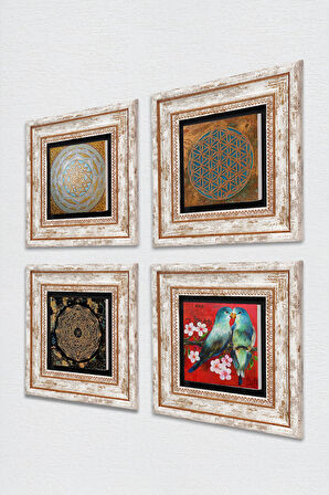 Yaşam Çiçeği, Kuş, Sri Yantra Taş Duvar Tablosu Çerçeveli Duvar Dekoru 4 Parça Tablo Seti Wall Art