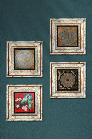 Yaşam Çiçeği, Kuş, Sri Yantra Taş Duvar Tablosu Çerçeveli Duvar Dekoru 4 Parça Tablo Seti Wall Art