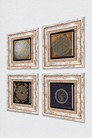 Yaşam Çiçeği, Nazar, Sri Yantra Taş Duvar Tablosu Çerçeveli Duvar Dekoru 4 Parça Tablo Seti Wall Art