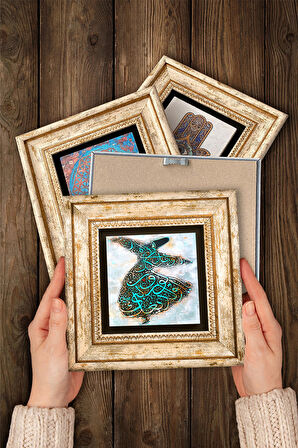 Vav, Hu, Semazen, Araf Suresi 31.Ayet Taş Duvar Tablosu Çerçeveli Duvar Dekoru 4 Parça Tablo Seti Wall Art