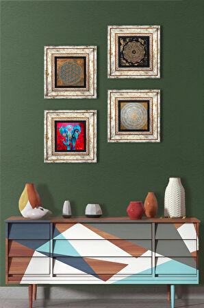 Yaşam Çiçeği, Fil, Sri Yantra Taş Duvar Tablosu Çerçeveli Duvar Dekoru 4 Parça Tablo Seti Wall Art