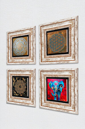 Yaşam Çiçeği, Fil, Sri Yantra Taş Duvar Tablosu Çerçeveli Duvar Dekoru 4 Parça Tablo Seti Wall Art