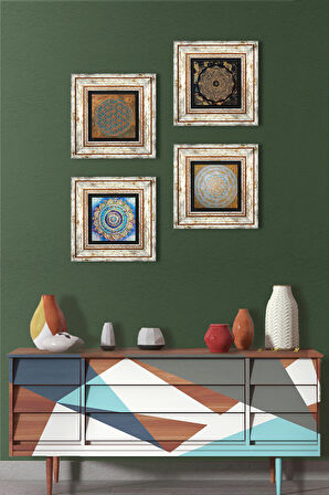 Yaşam Çiçeği, Mandala, Sri Yantra Taş Duvar Tablosu Çerçeveli Duvar Dekoru 4 Parça Tablo Seti Wall Art