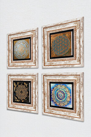 Yaşam Çiçeği, Mandala, Sri Yantra Taş Duvar Tablosu Çerçeveli Duvar Dekoru 4 Parça Tablo Seti Wall Art