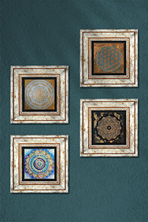 Yaşam Çiçeği, Mandala, Sri Yantra Taş Duvar Tablosu Çerçeveli Duvar Dekoru 4 Parça Tablo Seti Wall Art