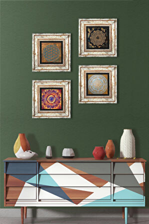 Yaşam Çiçeği, Mandala, Sri Yantra Taş Duvar Tablosu Çerçeveli Duvar Dekoru 4 Parça Tablo Seti Wall Art