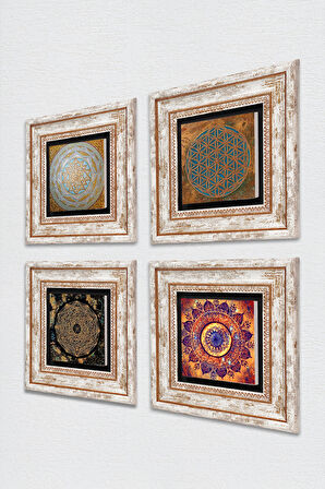 Yaşam Çiçeği, Mandala, Sri Yantra Taş Duvar Tablosu Çerçeveli Duvar Dekoru 4 Parça Tablo Seti Wall Art